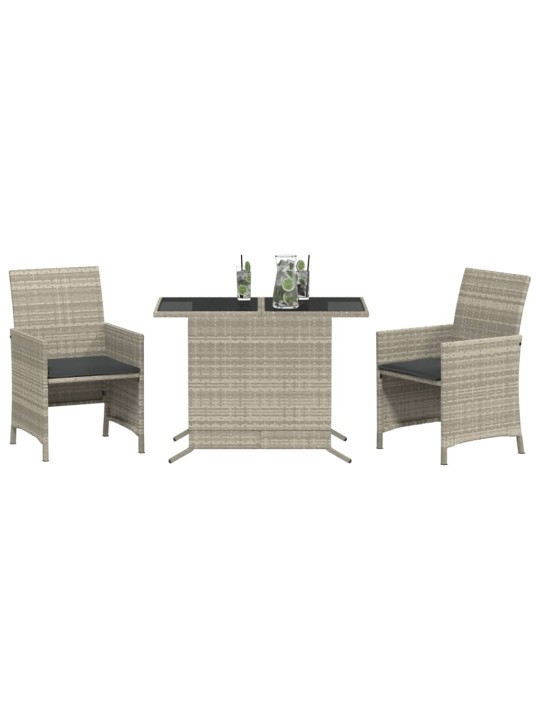 3dílný bistro set s poduškami světle šedý polyratan