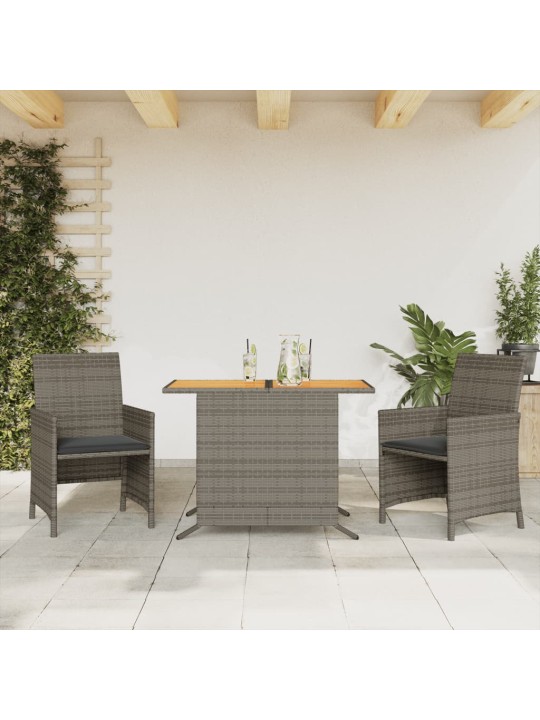 3dílný bistro set s poduškami šedý polyratan