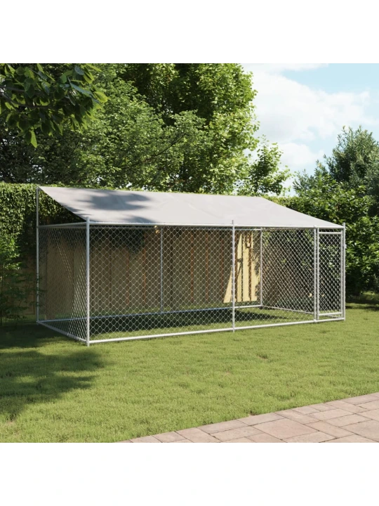 Klec pro psy se střechou a dvířky šedá 4x2x2 m pozinkovaná ocel