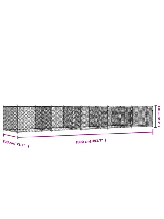 Klec pro psy s dvířky šedá 10 x 2 x 1,5 m pozinkovaná ocel