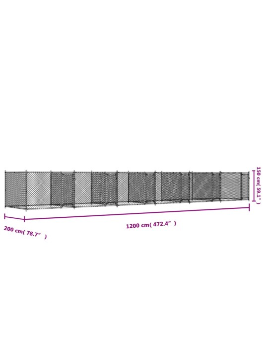 Klec pro psy s dvířky šedá 12 x 2 x 1,5 m pozinkovaná ocel