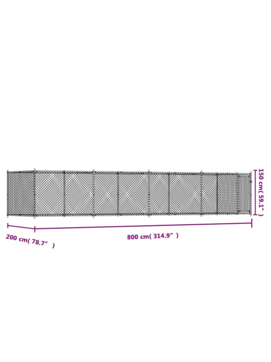 Klec pro psy s dvířky šedá 8 x 2 x 1,5 m pozinkovaná ocel