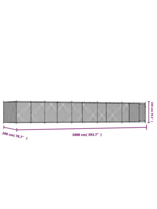 Klec pro psy s dvířky šedá 10 x 2 x 1,5 m pozinkovaná ocel