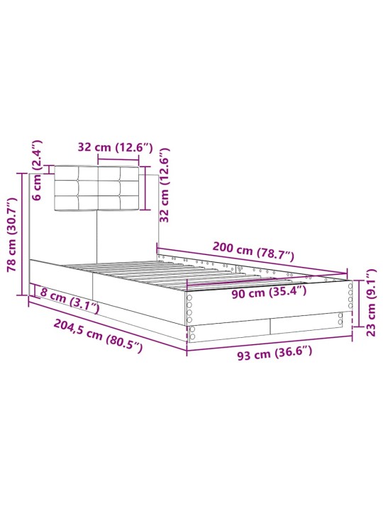 Rám postele s čelem hnědý dub 90 x 200 cm kompozitní dřevo