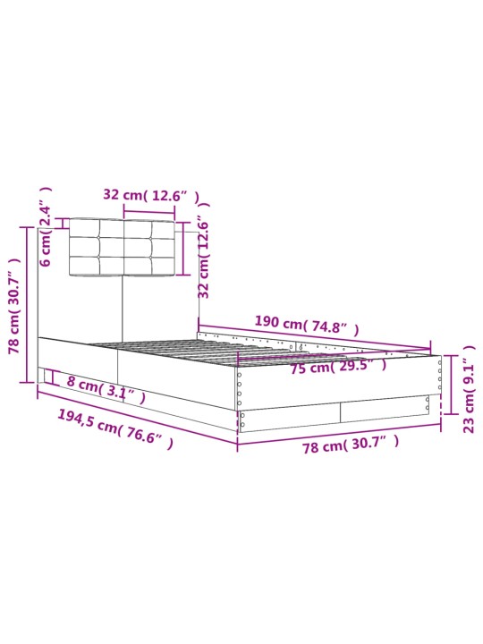 Rám postele s čelem šedý sonoma 75 x 190 cm kompozitní dřevo