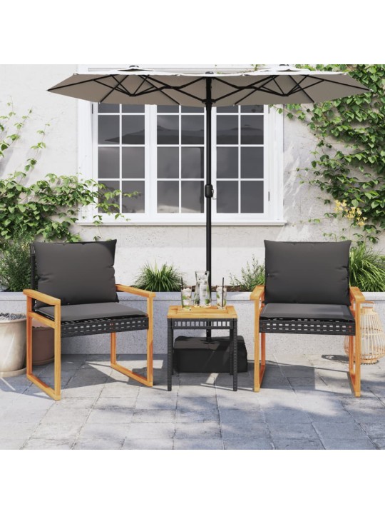 3dílný bistro set s poduškami černý polyratan akáciové dřevo