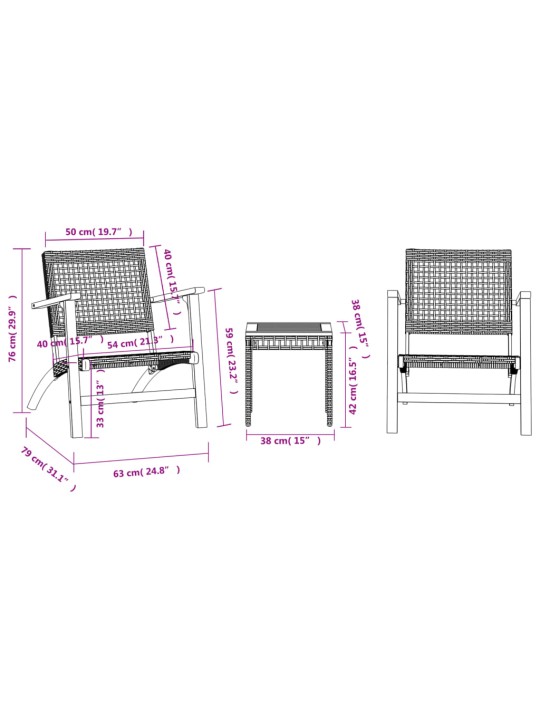 3dílný bistro set béžový polyratan a masivní akáciové dřevo