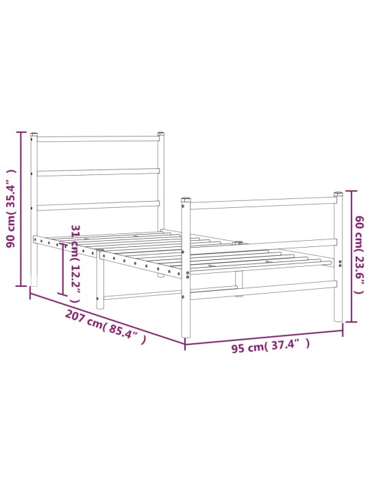 Kovový rám postele s hlavovým a nožním čelem černý 90 x 200 cm