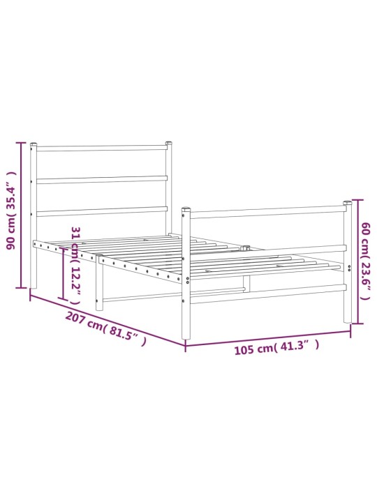 Kovový rám postele s hlavovým a nožním čelem černý 100 x 200 cm