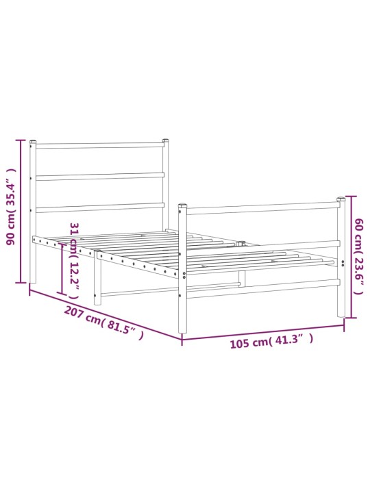 Kovový rám postele s hlavovým a nožním čelem bílý 100 x 200 cm