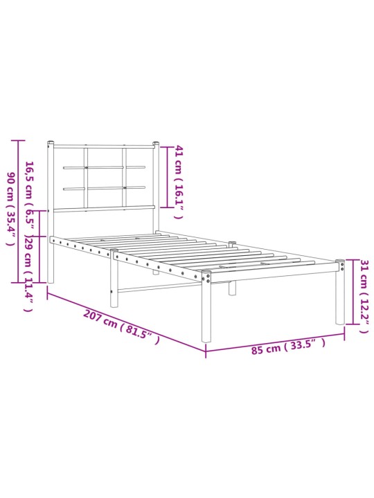 Kovový rám postele s čelem černý 80 x 200 cm