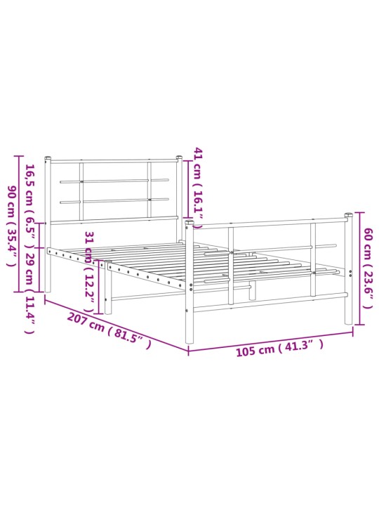 Kovový rám postele s hlavovým a nožním čelem černý 100 x 200 cm