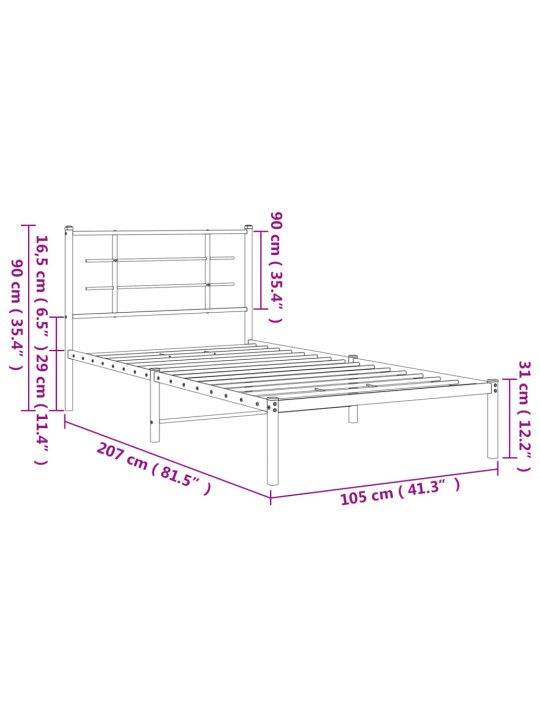 Kovový rám postele s čelem bílý 100 x 200 cm