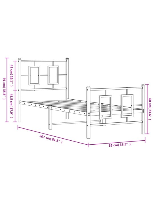 Kovový rám postele s hlavovým a nožním čelem bílý 80 x 200 cm