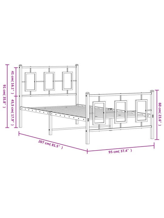 Kovový rám postele s hlavovým a nožním čelem bílý 90 x 200 cm