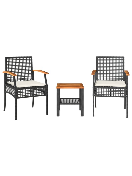 3dílný bistro set s poduškami černý polyratan akáciové dřevo