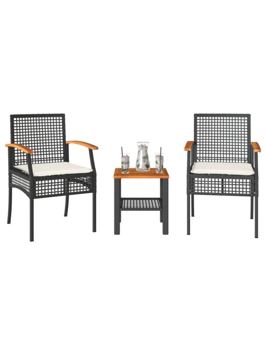 3dílný bistro set s poduškami černý polyratan akáciové dřevo