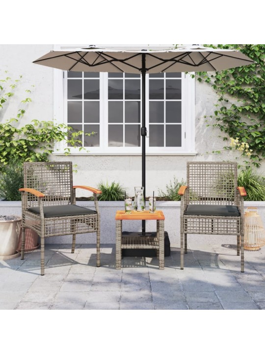 3dílný bistro set s poduškami šedý polyratan akáciové dřevo