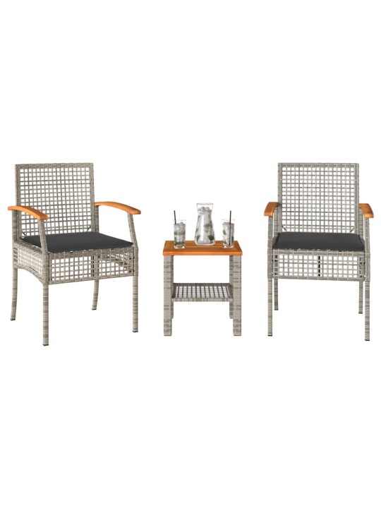 3dílný bistro set s poduškami šedý polyratan akáciové dřevo