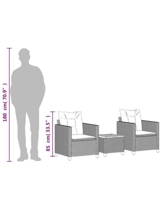 3dílný bistro set s poduškami černý polyratan akáciové dřevo
