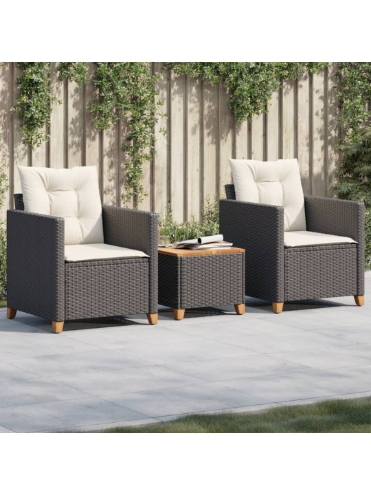 3dílný bistro set s poduškami černý polyratan akáciové dřevo