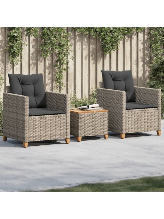 3dílný bistro set s poduškami šedý polyratan akáciové dřevo
