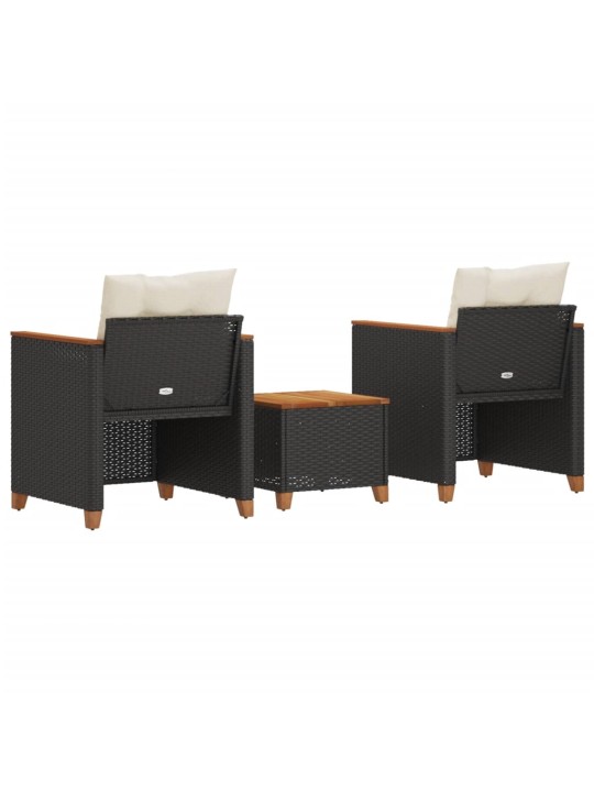 3dílný bistro set s poduškami černý polyratan akáciové dřevo