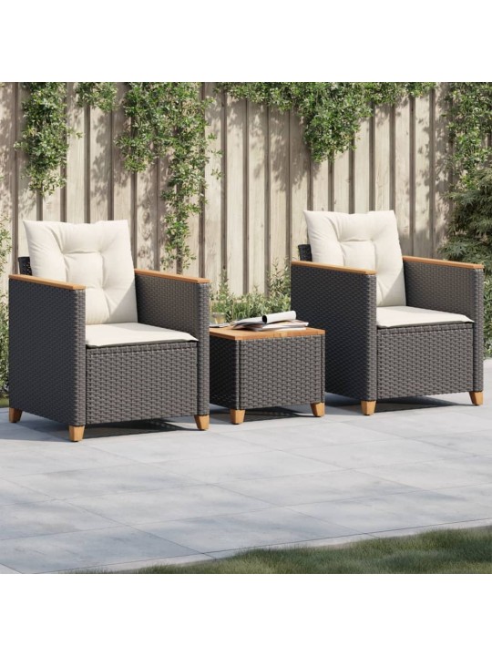 3dílný bistro set s poduškami černý polyratan akáciové dřevo