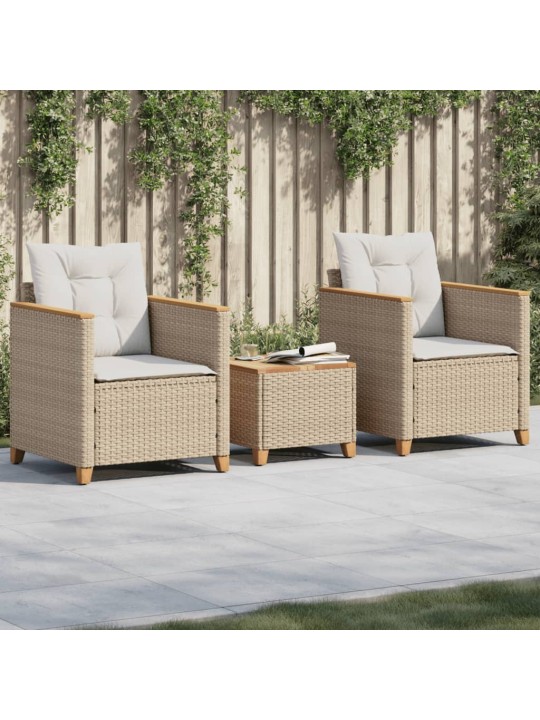 3dílný bistro set s poduškami béžový polyratan akáciové dřevo