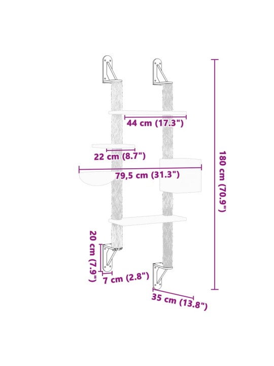 Nástěnné škrabadlo pro kočky se sloupkem světle šedé 180 cm