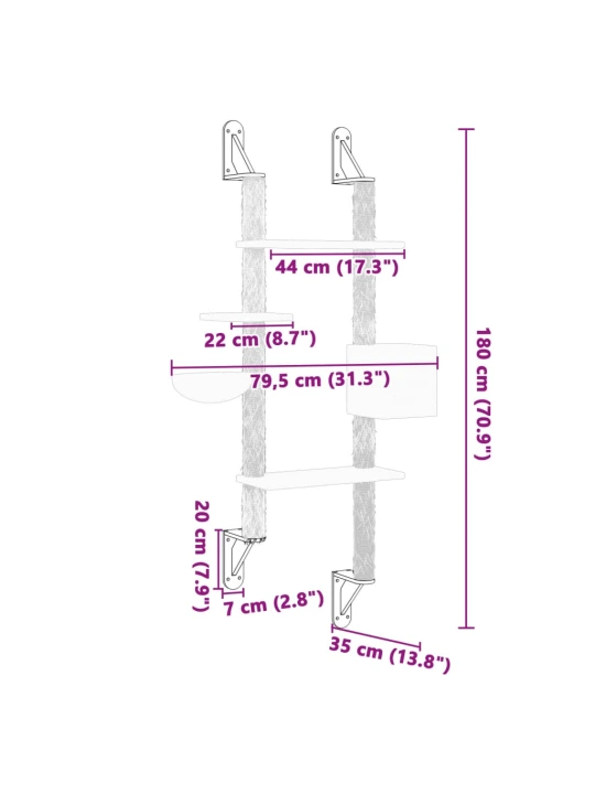 Nástěnné škrabadlo pro kočky se sloupkem světle šedé 180 cm