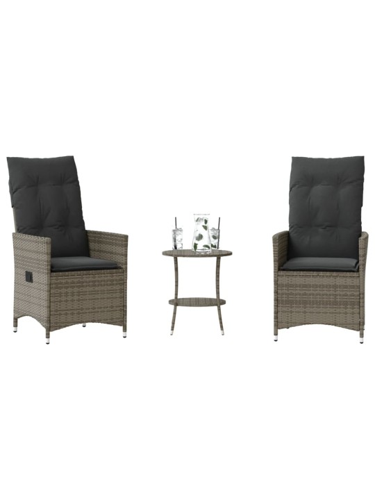 3dílný bistro set s poduškami šedý polyratan