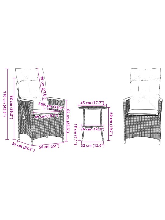 3dílný bistro set s poduškami černý polyratan