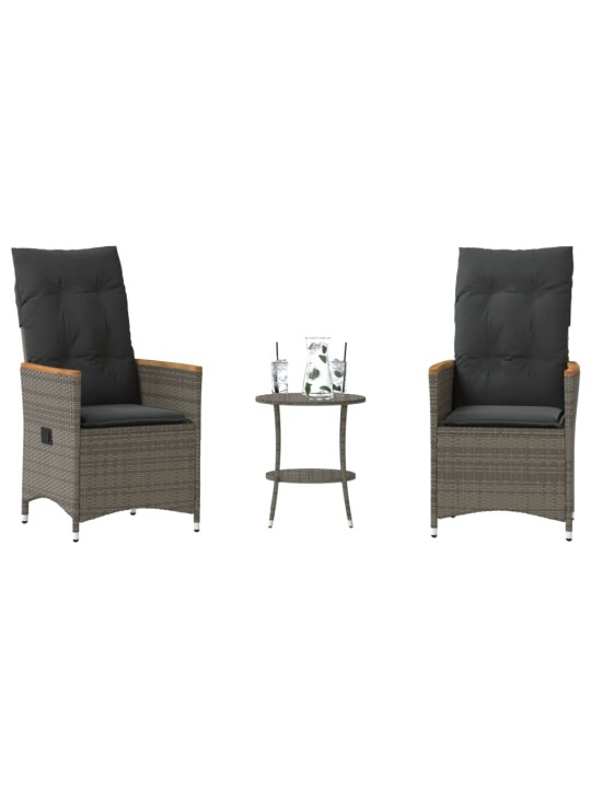 3dílný bistro set s poduškami šedý polyratan