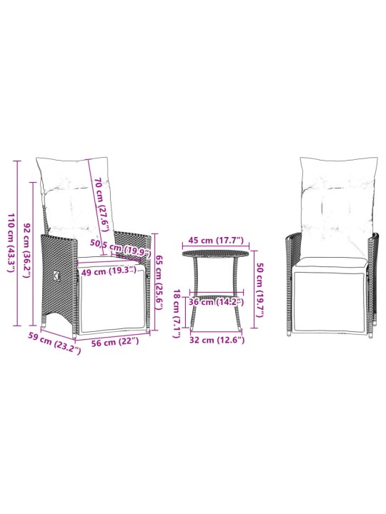 3dílný bistro set s poduškami béžový polyratan