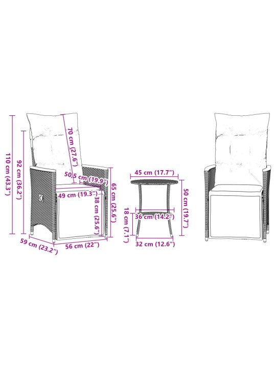 3dílný bistro set s poduškami černý polyratan