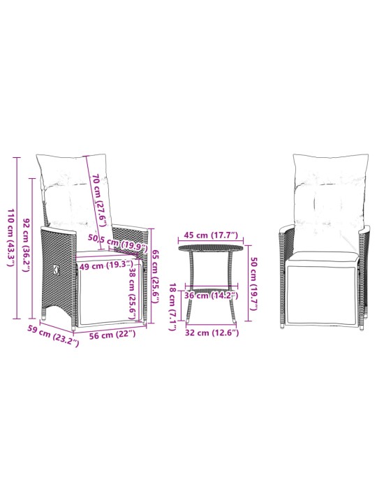 3dílný bistro set s poduškami šedý polyratan