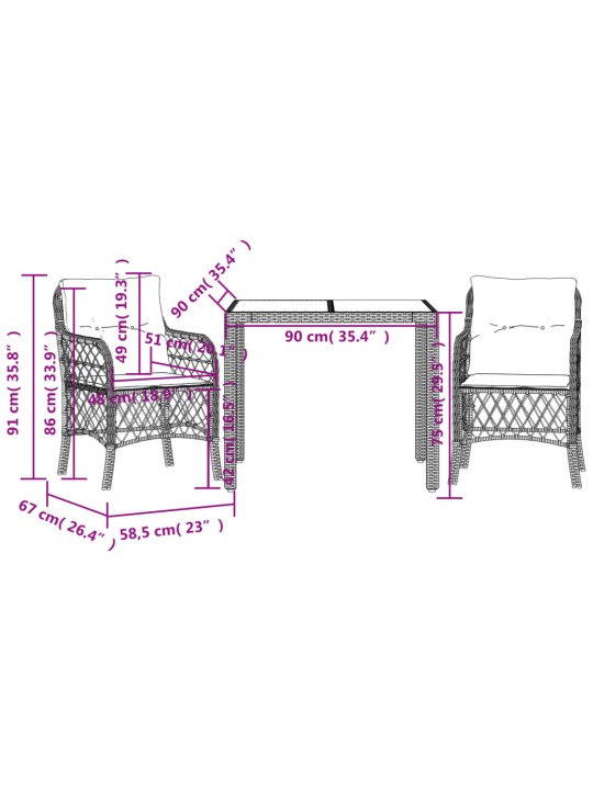 3dílný bistro set s poduškami šedý polyratan