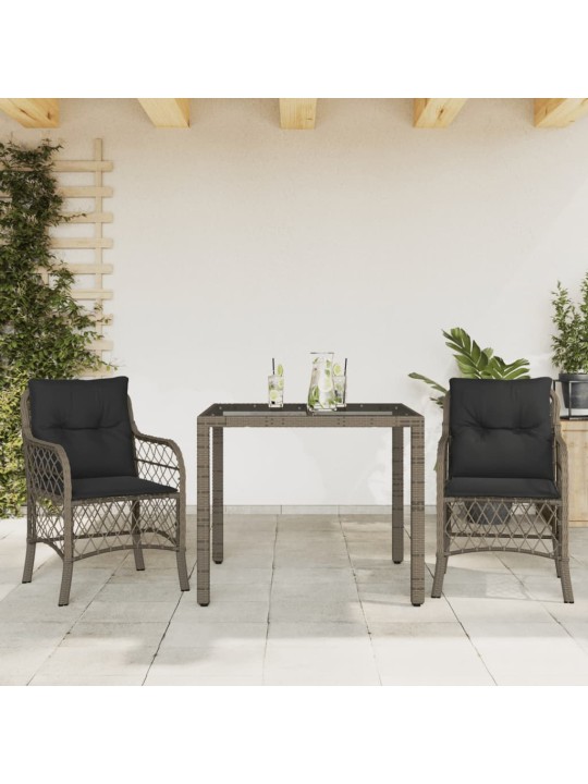 3dílný bistro set s poduškami šedý polyratan