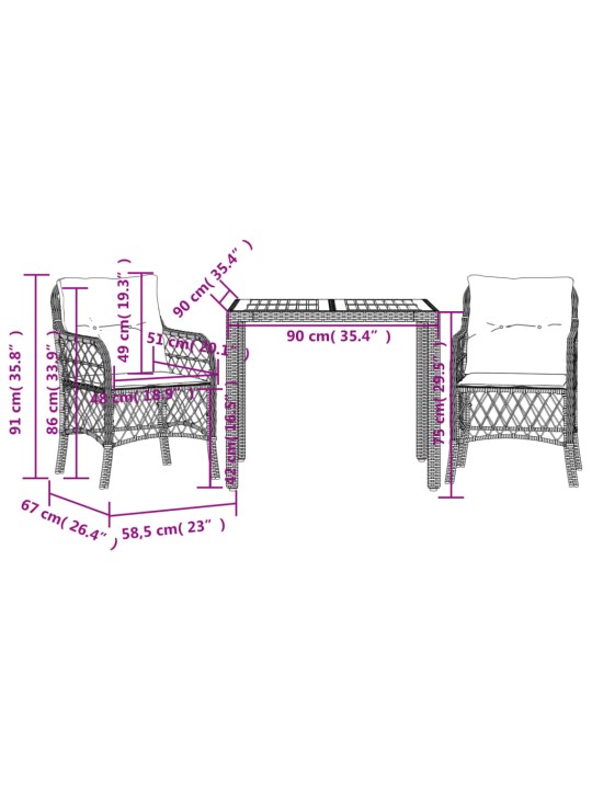3dílný bistro set s poduškami černý polyratan