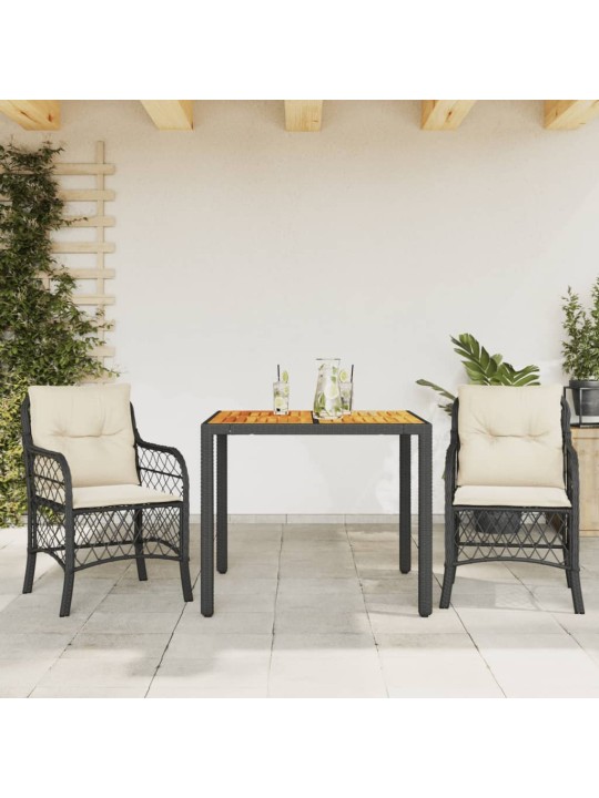 3dílný bistro set s poduškami černý polyratan
