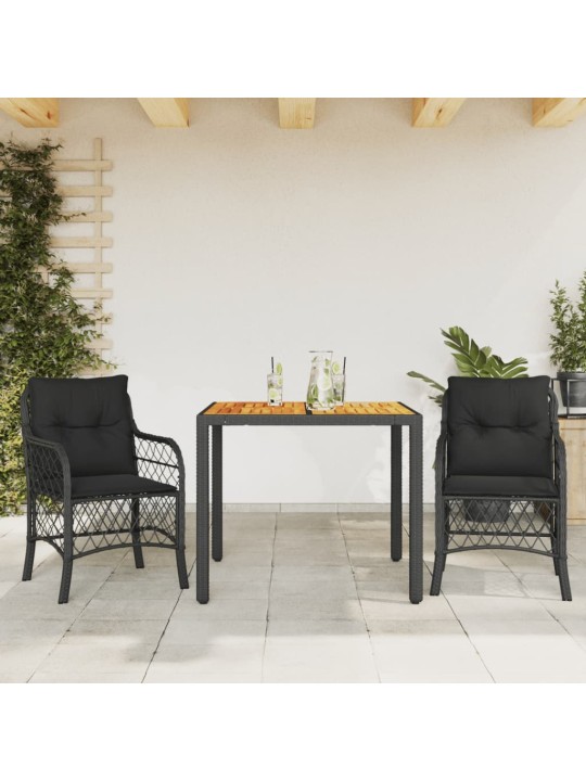 3dílný bistro set s poduškami černý polyratan