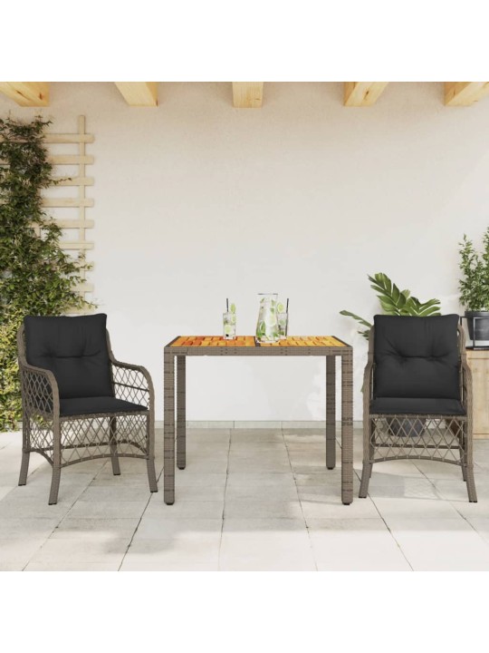 3dílný bistro set s poduškami šedý polyratan