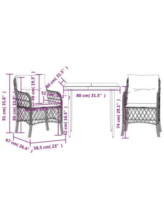 3dílný bistro set s poduškami černý polyratan