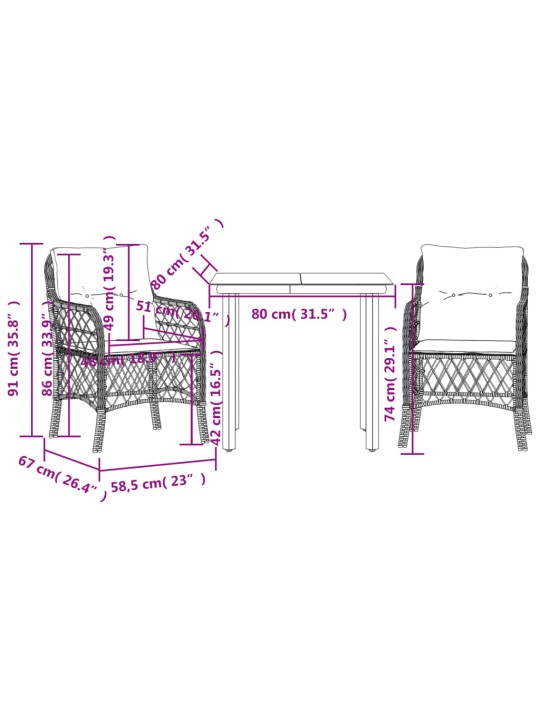 3dílný bistro set s poduškami černý polyratan