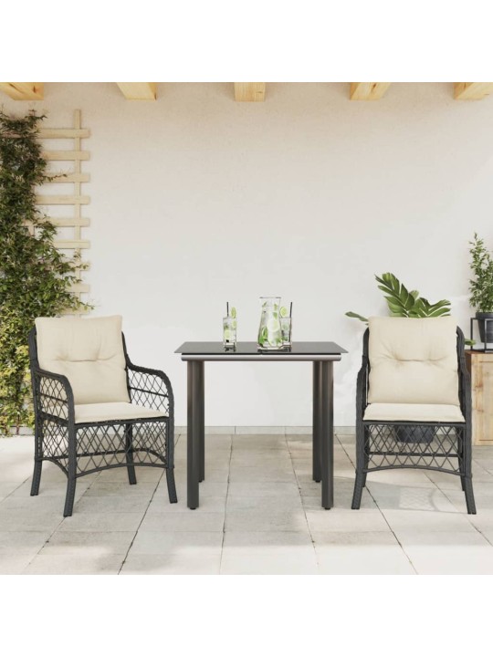 3dílný bistro set s poduškami černý polyratan