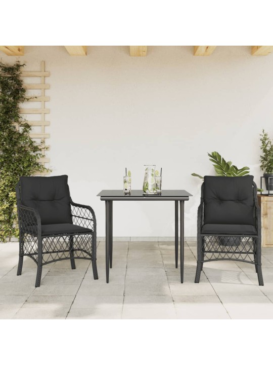 3dílný bistro set s poduškami černý polyratan