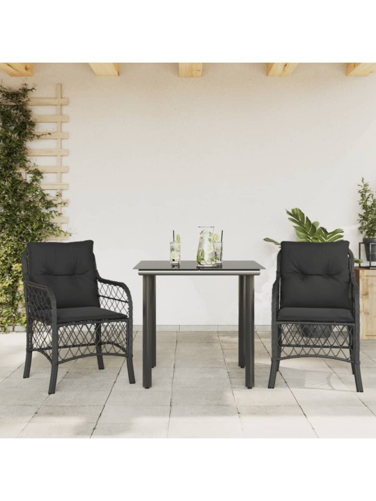 3dílný bistro set s poduškami černý polyratan