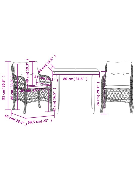3dílný bistro set s poduškami šedý polyratan