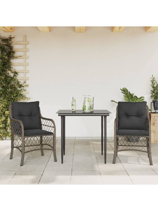 3dílný bistro set s poduškami šedý polyratan